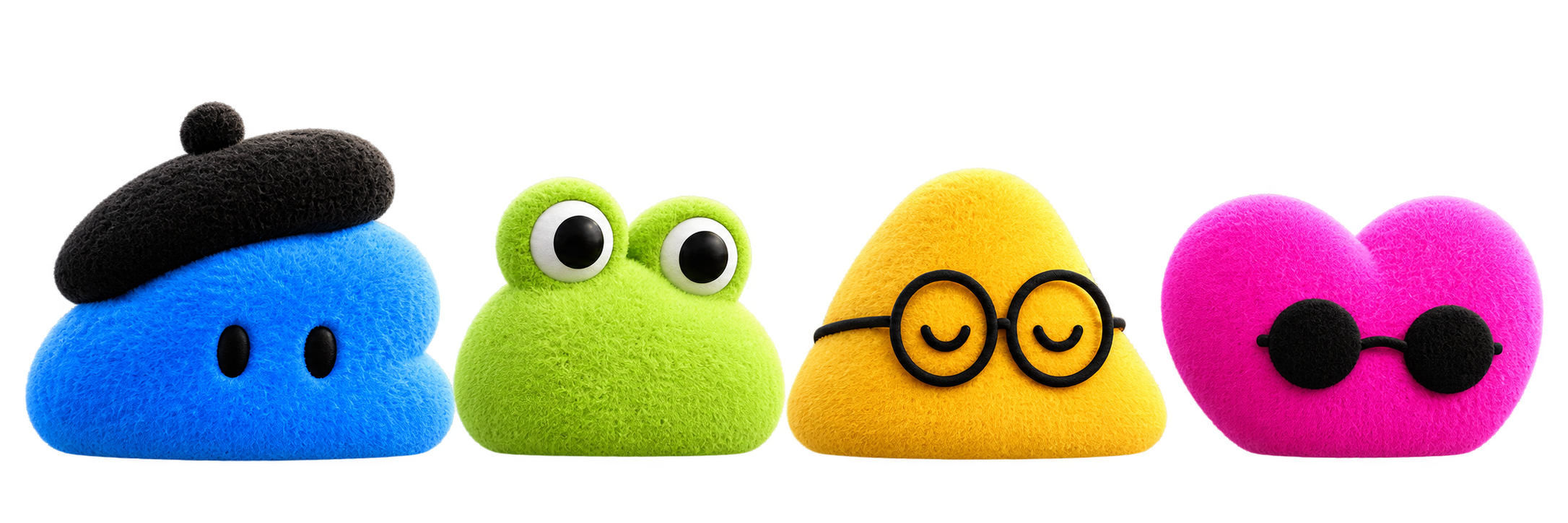 Los personajes dot de la referencia: azul con boina, verde, amarillo con lentes y corazón rosa